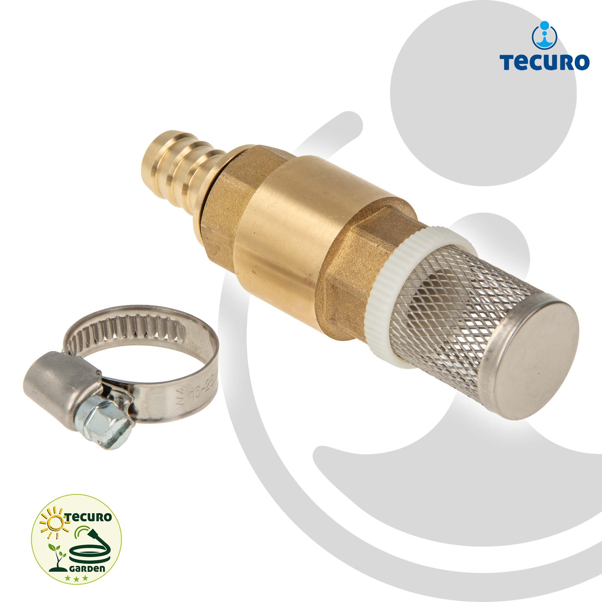 tecuro Zestaw filtrów ssących 1/2 cala – zawór stopowy MS z zaworem zwrotnym, koszem ssącym, tulejką węża i zaciskiem węża – 2760121