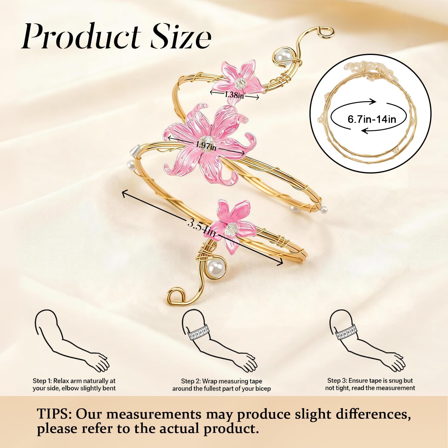 Gold Arm Cuff Floral Bangle for Women, 3Pcs Elegant Alloy Flower Upper Jewelry, Adjustable Boho Wedding Festival, Vintage Gold Arm Cuffs for Summer Beach