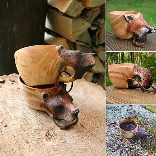 Miniatura 8 de Taza portátil de madera tallada a mano con forma de cabeza de animal, taza para acampar al aire libre, accesorios de cocina