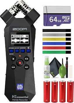 Zoom ZH1E H1essential 2-Track Handy Recorder with 32-Bit Float Recording + 4X AA Batteries with Charger + 64GB microSDXC Memory Card + Cleaning kit + Wire Ties