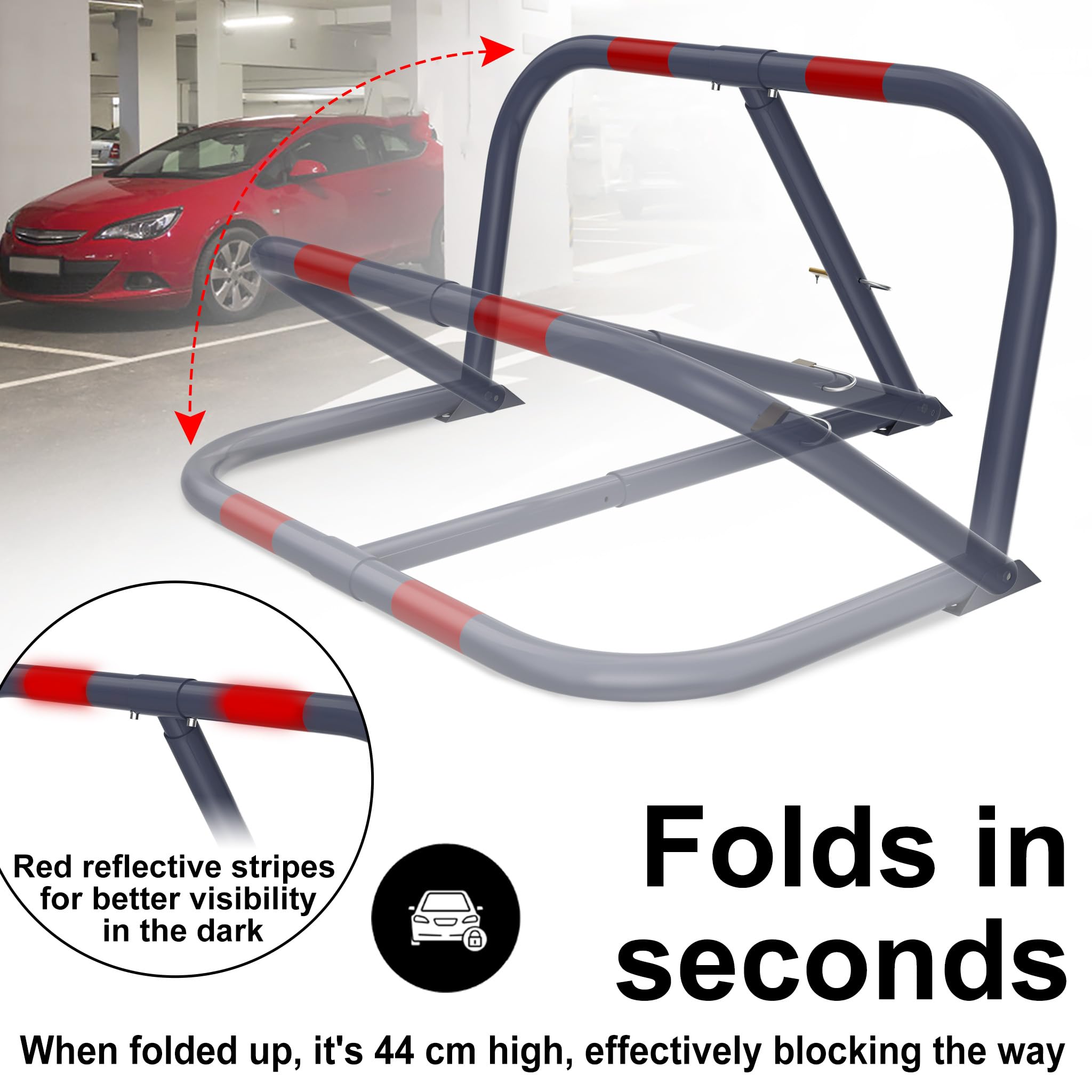 LZQ Lot de 2 barrières de parking pliables avec kit de montage, serrure et 3 clés, barrières de parking avec tube en acier de 35 mm de diamètre et douille Ø 40 mm, galvanisé à froid, plaque de sol de