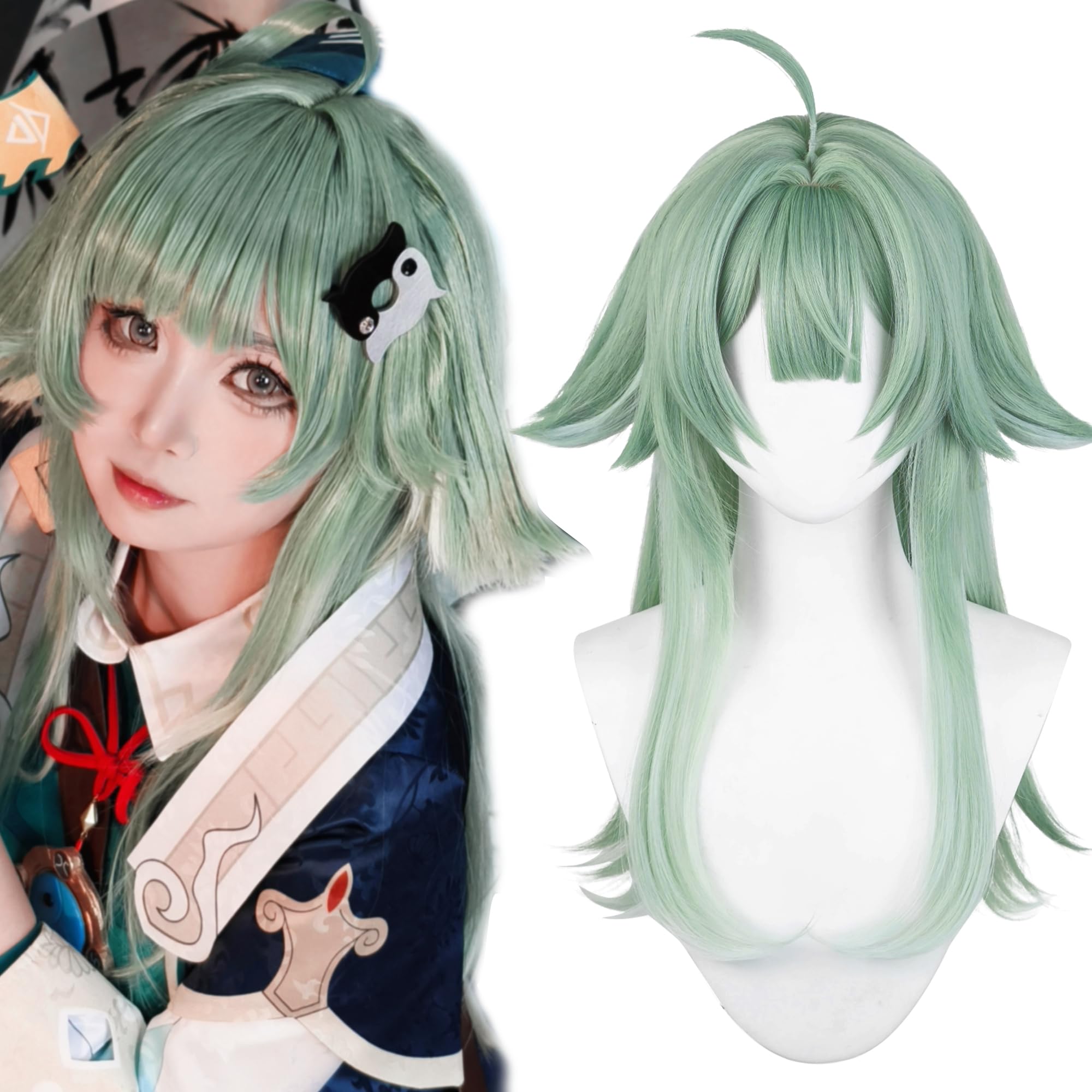 Green Wig for Women Huo Huo Cosplay Wig Long Straight with Bangs for Halloween Comic Con Cos Anime Heat Resistant Synthetic Costume Hair
