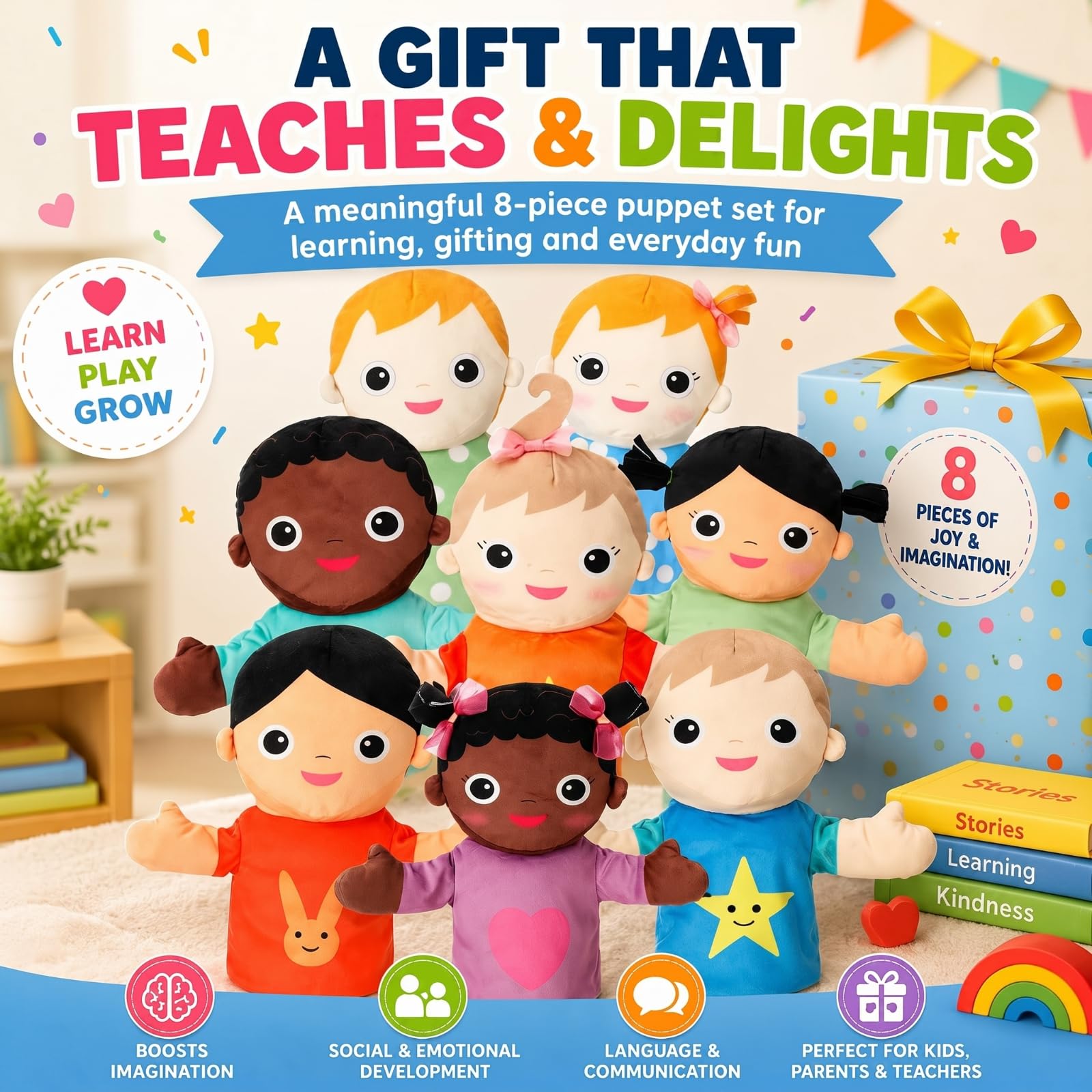 Jenaai Multikulturelles Handpuppen-Set für Kinder, 30 cm, afrikanische asiatische europäische Kinder, Plüsch-Handpuppen für Jungen, Mädchen, Haus, Schule, Theater, Shows, Geschichtenerzählen