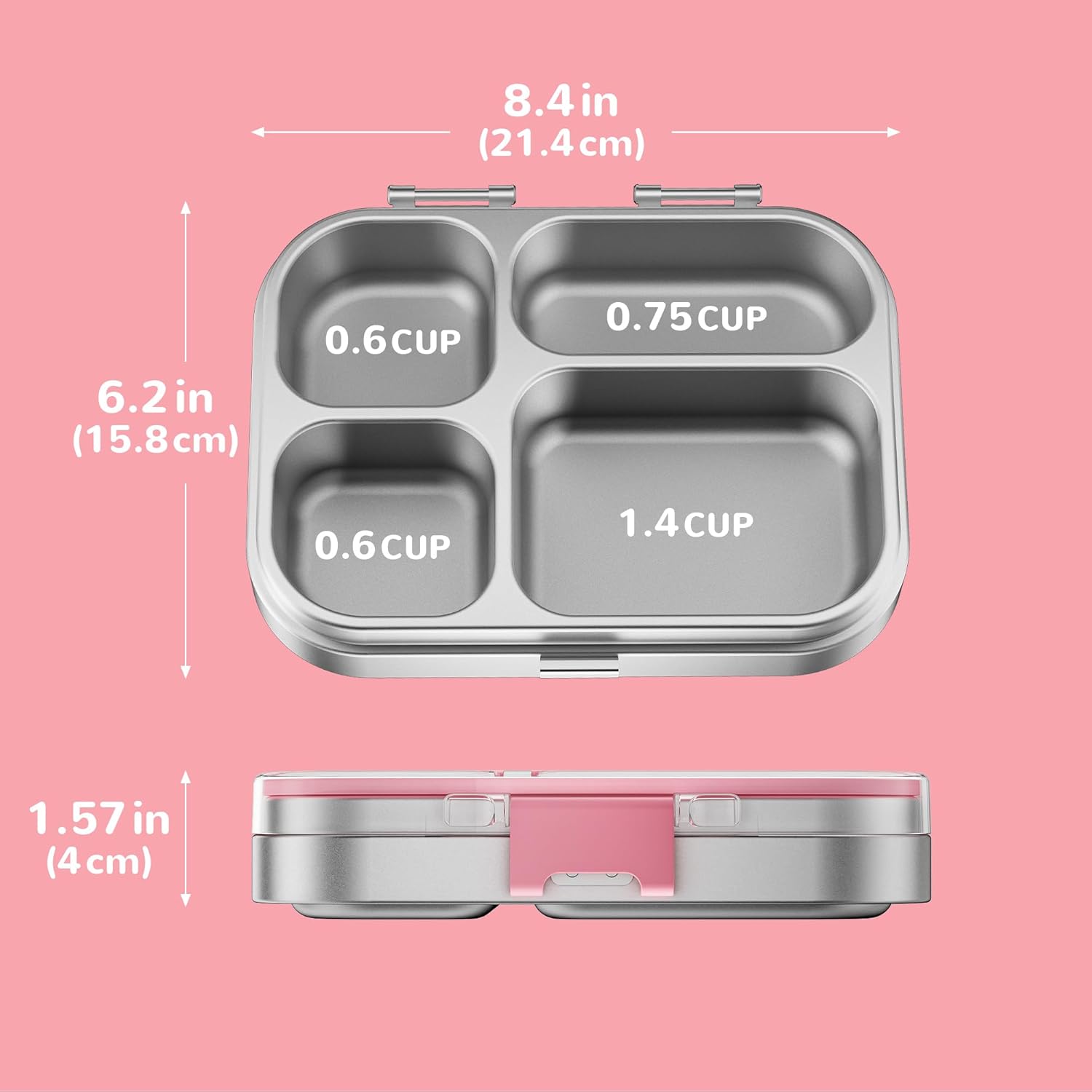 G.a HOMEFAVOR Stainless Steel Lunch Box - 4 Compartments Bento Box for Kids, Leakproof Food Container for School, Office, Dishwasher Safe, BPA-Free, 27 oz, Pink - Image 2