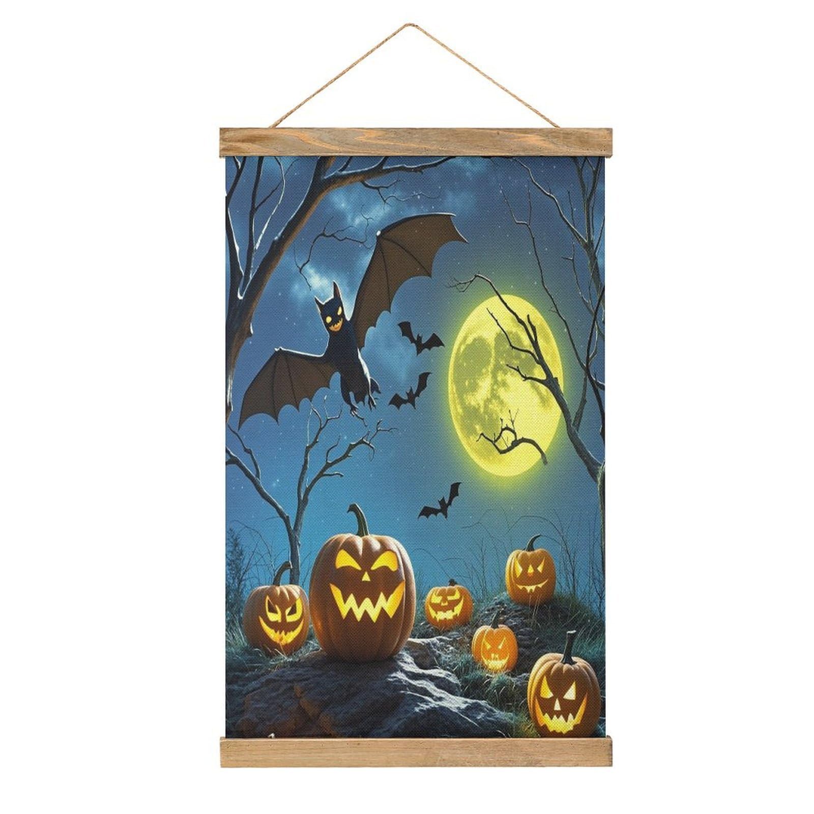 FekiLoot Bats And Pumpkins Wall Art Poster Hanger Frame Linen Wall Art Decor Vintage Hanging Poster Hanging Wall Decor Rustic Retro Wall Art Print for Living Room Decor 20.4 X 13.1Inches