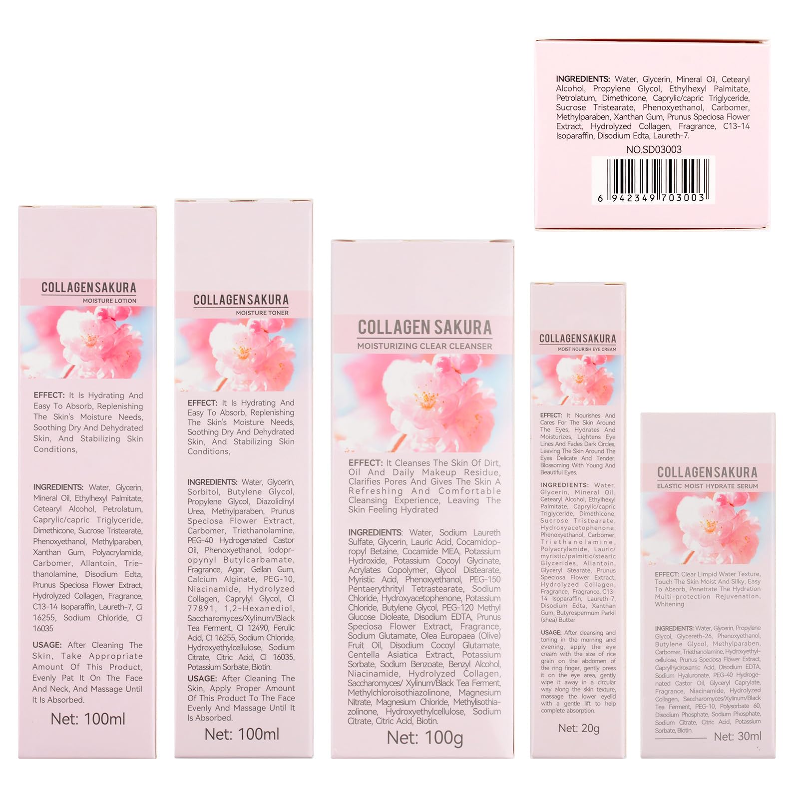 Sakura - Juego de cuidado de la piel de flor de cerezo para adolescentes, hidrata y repara la piel, 6 piezas de colágeno empaquetados individualmente con limpiador, tónico, loción, suero, crema y 9