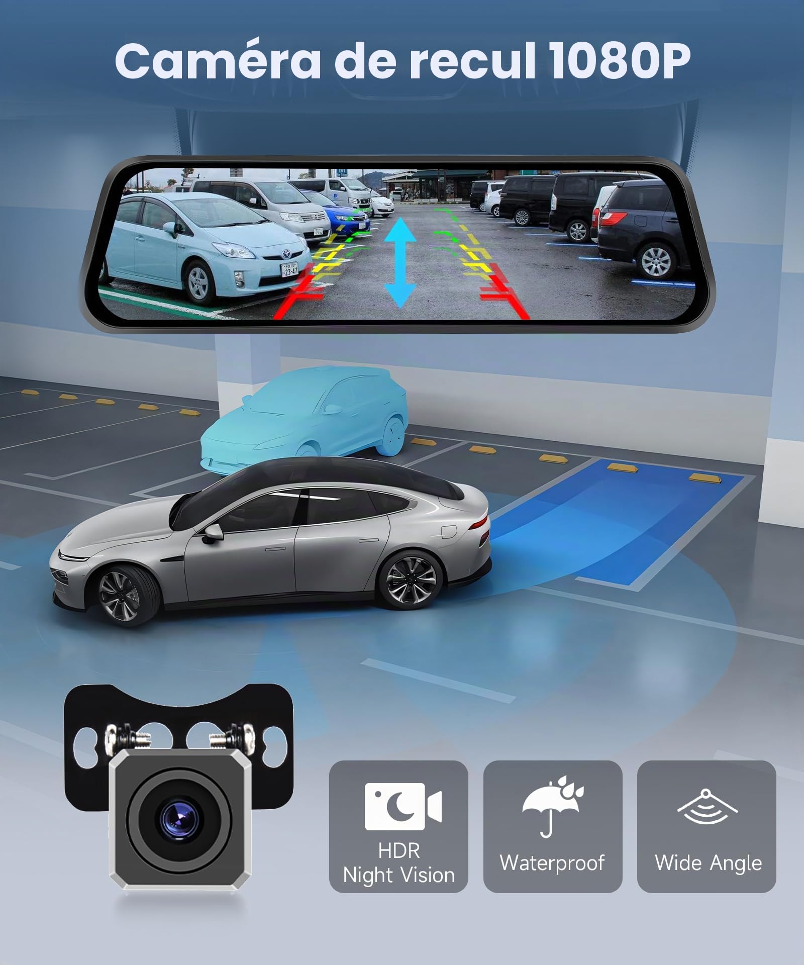 Rimoody 4K Rétroviseur Dashcam avec 1080P Caméra de Recul,9.66" Écran Tactile Avant et Arrière Double Lentille Dashcam Voiture HDR Vision Nocturne GPS/APP & WiFi Control/BSD & ADAS/Loop Video/G-Sensor