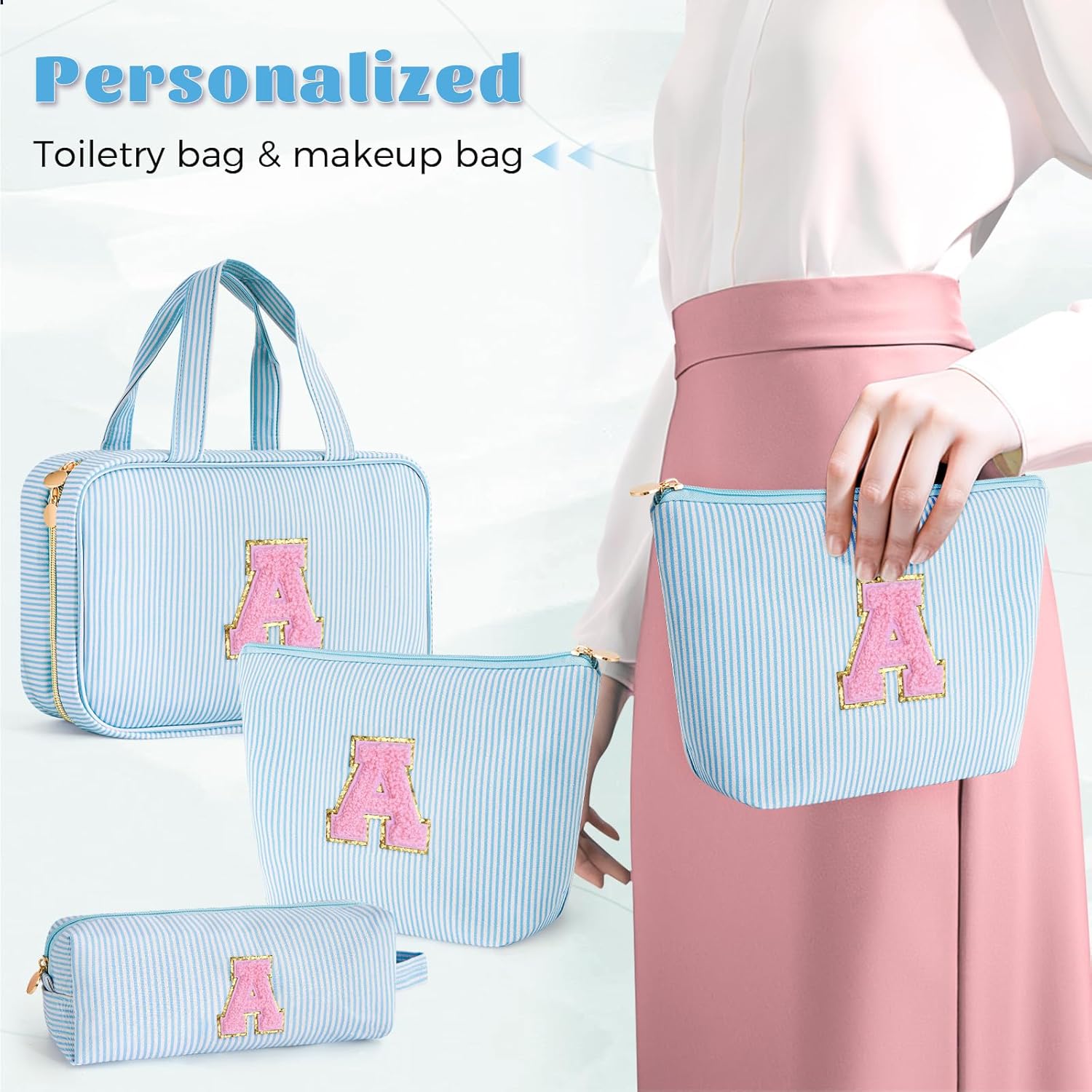 Personalized Toiletry Bag Monogram Makeup Bag Birthday Gifts for Kids Girls Cosmetic Bag Travel | Christmas Gifts for Teenage Girls Stocking Stuffers for Teen Girl Daughter Gifts - Blue A
