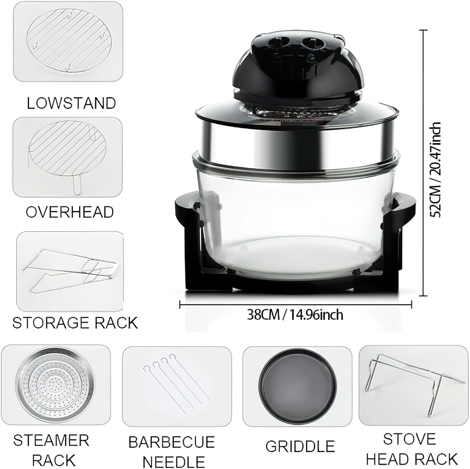 20L 8-in-1 glass air fryer, 360 ° circulating heating, high-precision glass body, healthy kitchen baking, toaster, broiler, toaster, steamer, and grill (8)