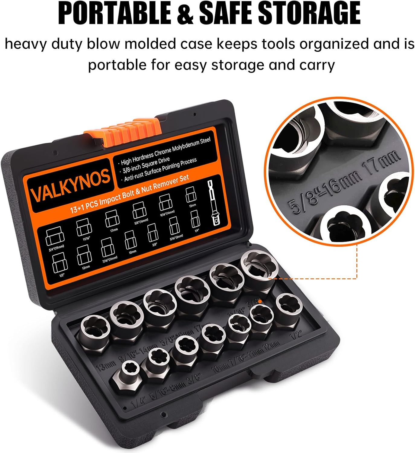 Valkynos Bolt Extractor Kit 14 Pcs, Stripped Bolt Extractor Set, Impact Bolt Nut Removal Tool, Easy Out Remove Rusted, Frozen, Damaged, Rounded-Off Bolt Nut Screw, with Hex Drive, Cr-Mo Steel