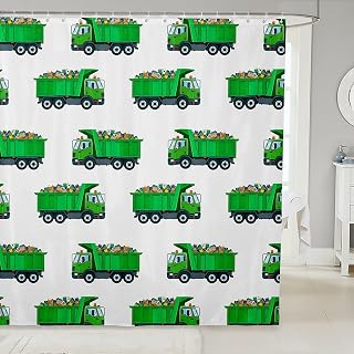 Erosebridal Garbage Truck Shower Curtain Set for Kids Boys Girls Room Decor,Green Recycling Truck Bathroom Curtains,Cartoon Construction Truck Bathroom Set Vehicle Car Fabric Shower Curtain 72"Wx78"L