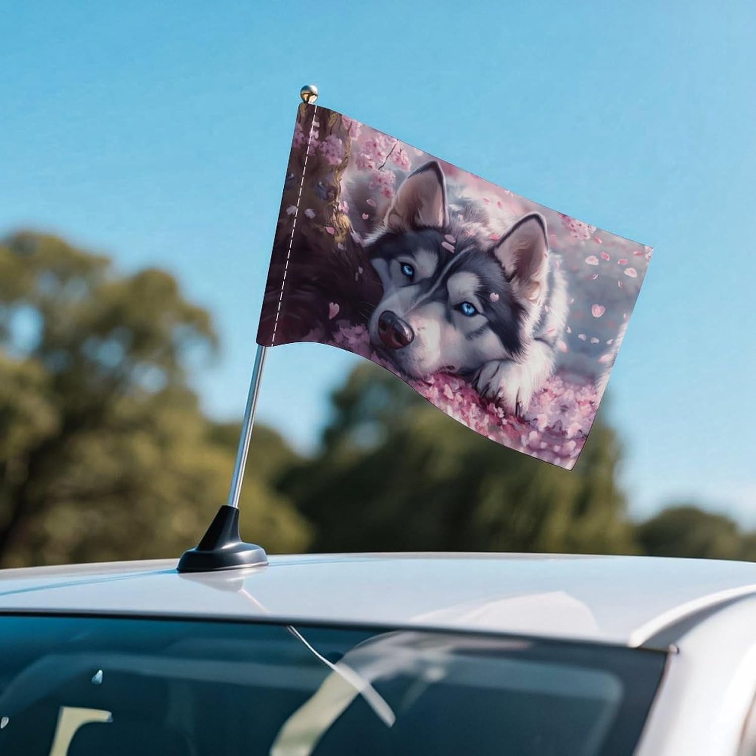 Cute Dog Husky Car Flag Polyester Clip Flags Mini Handheld Banners for Auto Outside Travel Decor image 5