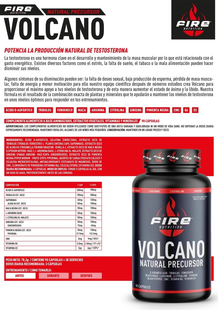 Fire Nutrition — Natural Volcano Prekursor, 90 капсул — Повышает уровень тестостерона — DAA/трибулус/пажитник/черная мака/аргинин/цирulina/женьшень/черный перец/цинк/витамин B6/витамин D3