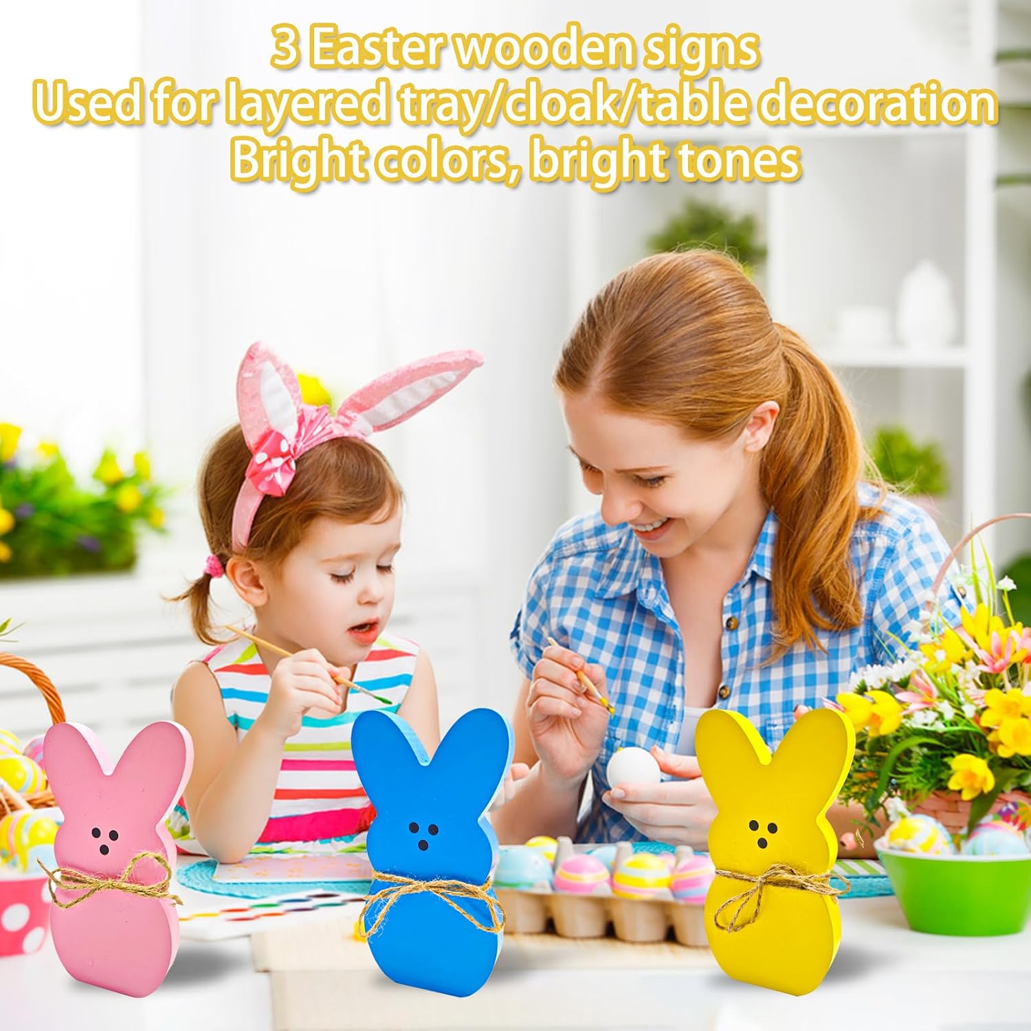 3Pcs Easter Table Decor,Easter Centerpiece Table Decorations Wooden Bunny Rabbit Shape with Rope Signs Spring Easter Decorations for Table Farmhouse Kitchen Dining Room Tabletop Decoration Home Office