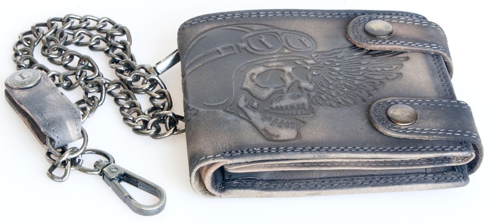 FLW Cartera de moto de piel auténtica gris y marrón con estampado de calavera, cartera para hombre con cadena de metal de 45 cm, mosquetón, trabilla para cinturón y protección RFID