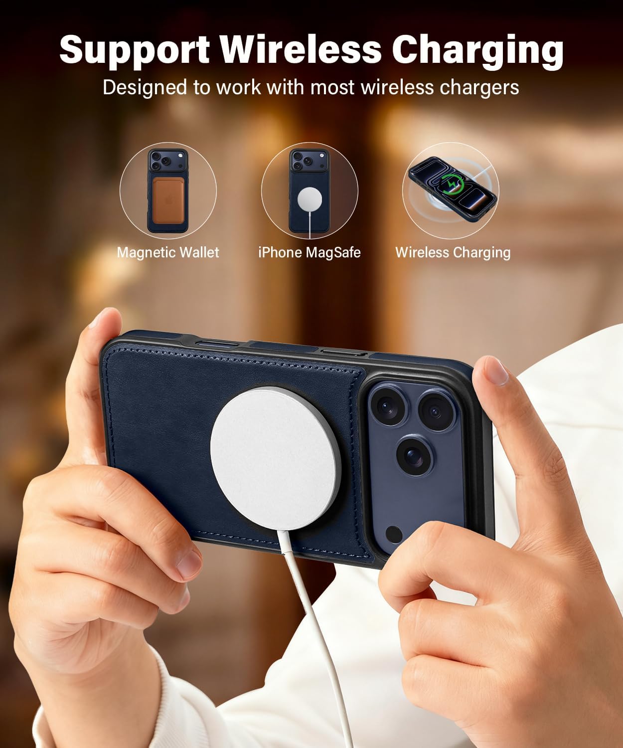 for iPhone 17 Pro Max Leather Wallet Case Compatible with MagSafe,Vintage Elegant Leather Flip Case with Kickstand and Card Slots Magnetic Phone case for iPhone 17 Pro Max-Blue