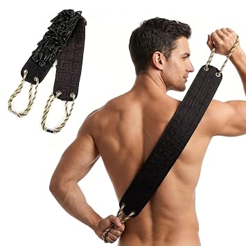 Back Scrubber for Shower, 39 Inch Double-Sided Back Exfoliator with Handles, Exfoliate Body Scrub Washcloth Towel, Bath Sponge Loofah Luffa Back Washer for Men Women, Black