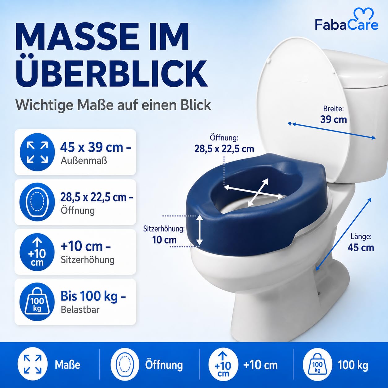 FabaCare Toilettensitzerhöhung Conti Soft, weicher Toilettenaufsatz, WC-Sitz blau, bis 100 kg, Höhe 10 cm