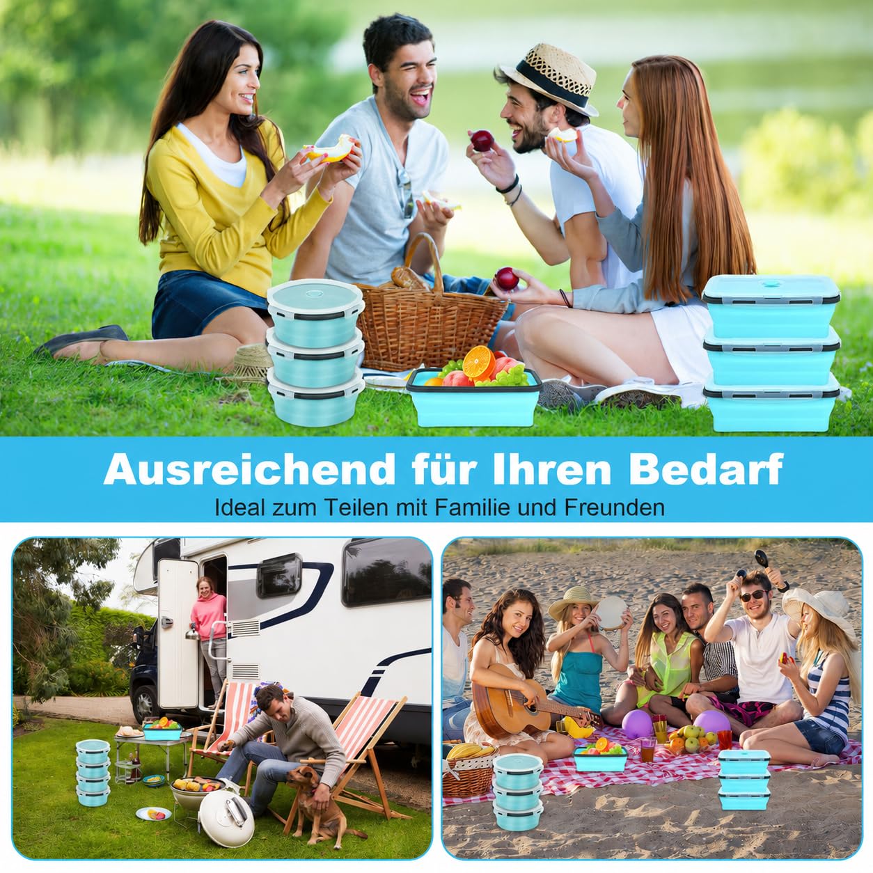 10er Set Faltbare Frischhaltedosen mit Deckel für Camping, 1200 ml