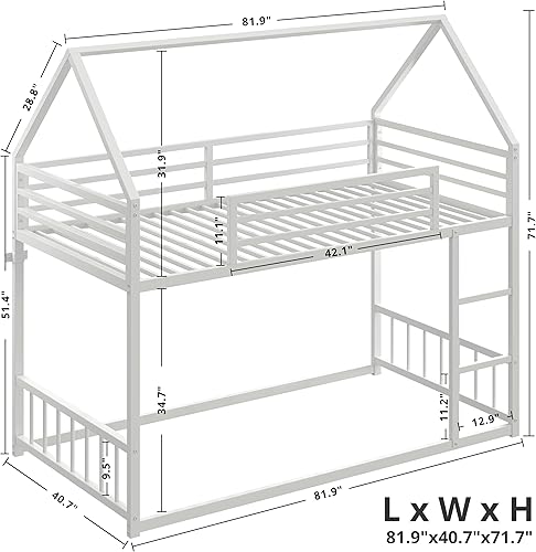 Miniatura 6 de LIKIMIO - Litera de camas individuales XL sobre individuales XL, base de cama de metal con escalera y barandilla, en forma de casa con listones de