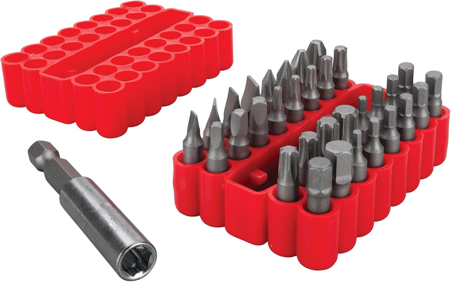 Performance Tool W8661 33-Piece Impact Torsion Bit Set, S2 Steel, 1-Inch Phillips, Slotted, Star, Square, Metrix Hex, SAE Hex Bits, 2-1/2 Inch Magnetic Bit Holder, 2-Sided Rubber Case, Red