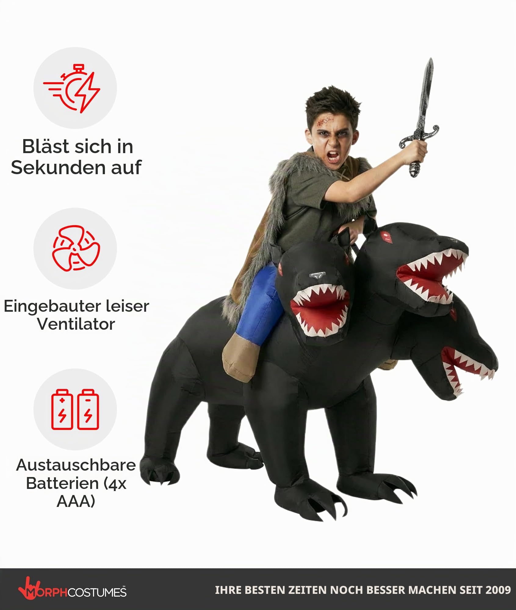 Morph Aufblasbares Huckepack Kostüm Kinder, Halloween Kostüm Kinder | Aufblasanzug mit Ventilator, Schwarzes Höllenhund-Design, Bläst in 60 Sekunden auf, Perfekt für Halloween, Immer ein Hit