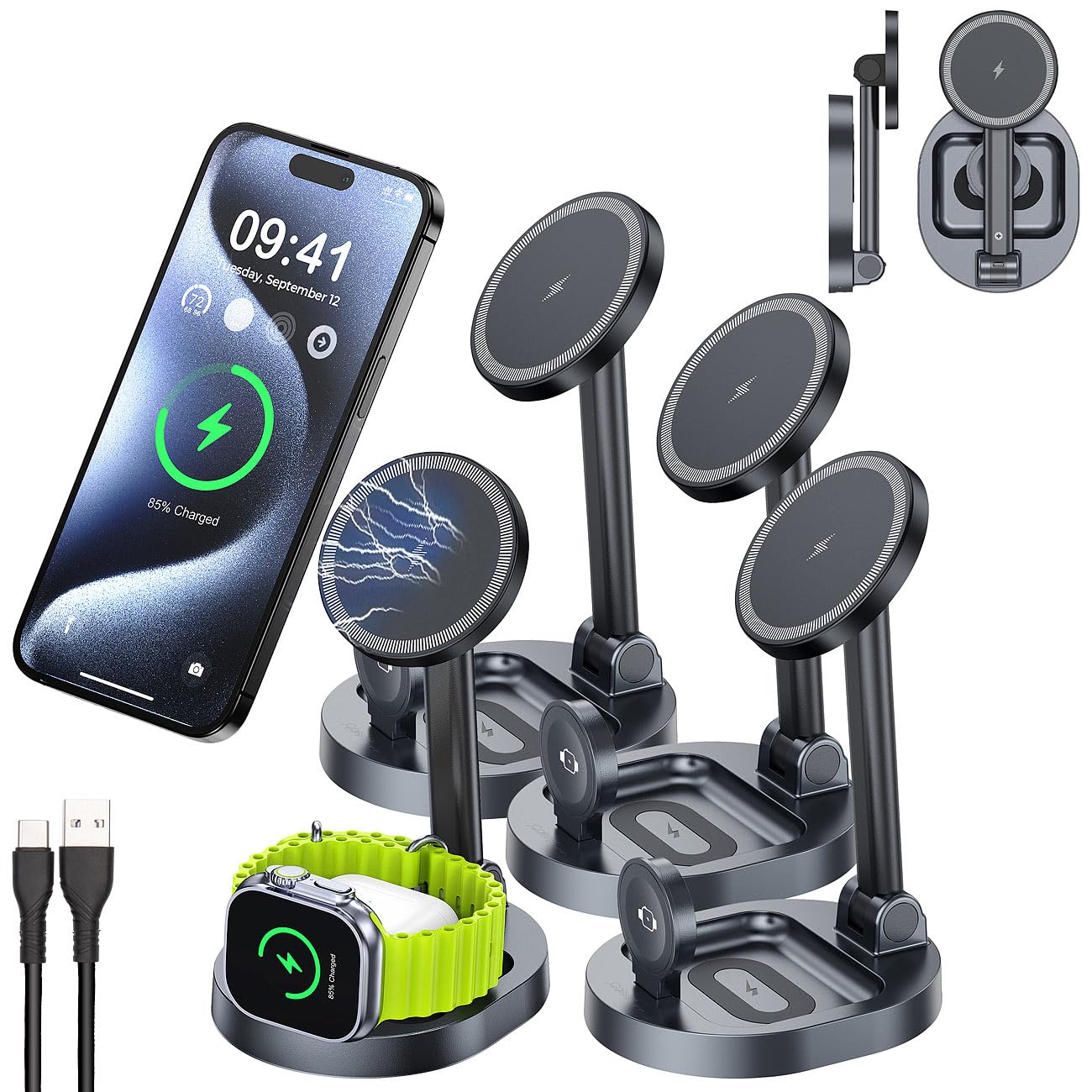 Callstel iPhone Schnellladegerät: 4er-Set 3in1-MagSafe-Ladestationen für iPhone, Apple Watch und AirPods (MagSafe Charger Stand, Dockstations)