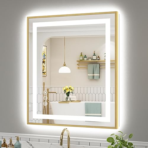 Miniatura 80 de Espejo de baño LED de 24 x 32 pulgadas con luces, retroiluminado y frontal iluminado, espejo de tocador de baño con luz antiniebla para pared