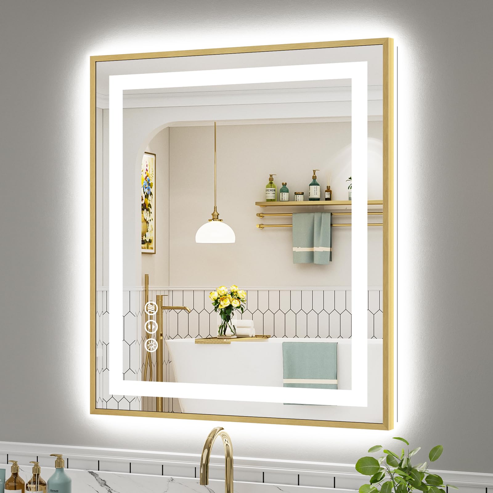 91.4 x 76.2cm(36 x 30인치) LED 욕실 거울, 골드 프레임, 백라이트 및 전면 조명, 벽용 김 서림 방지 조명 욕실 화장대 거울, 메모리 기능, 조도 조절 가능, HD 강화 유리, 비산 방지
