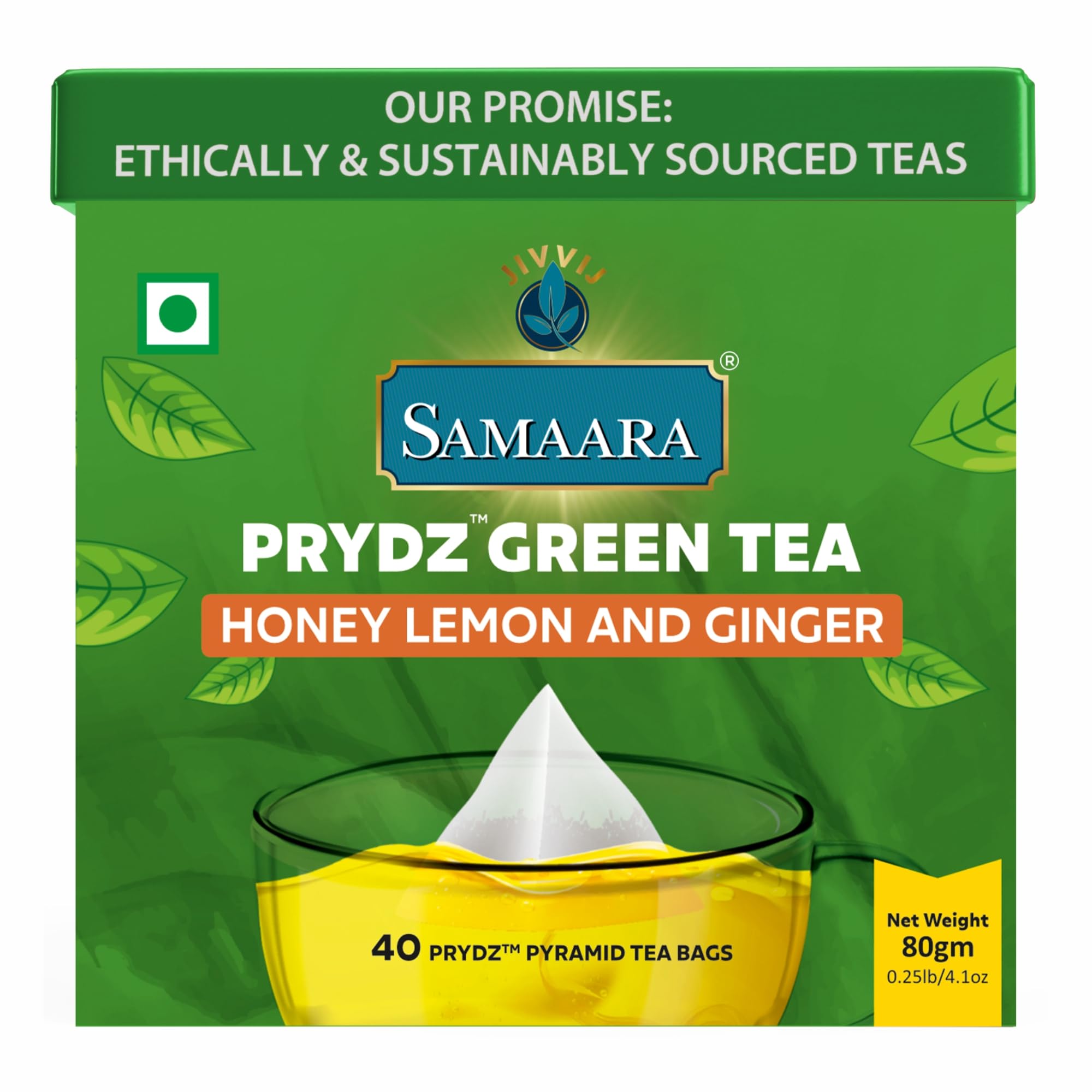 Samaara Prydz 40 Green Tea Bags | Honey Lemon Ginger Flavoured Green Tea Powder | Chai Patti Box 80gm