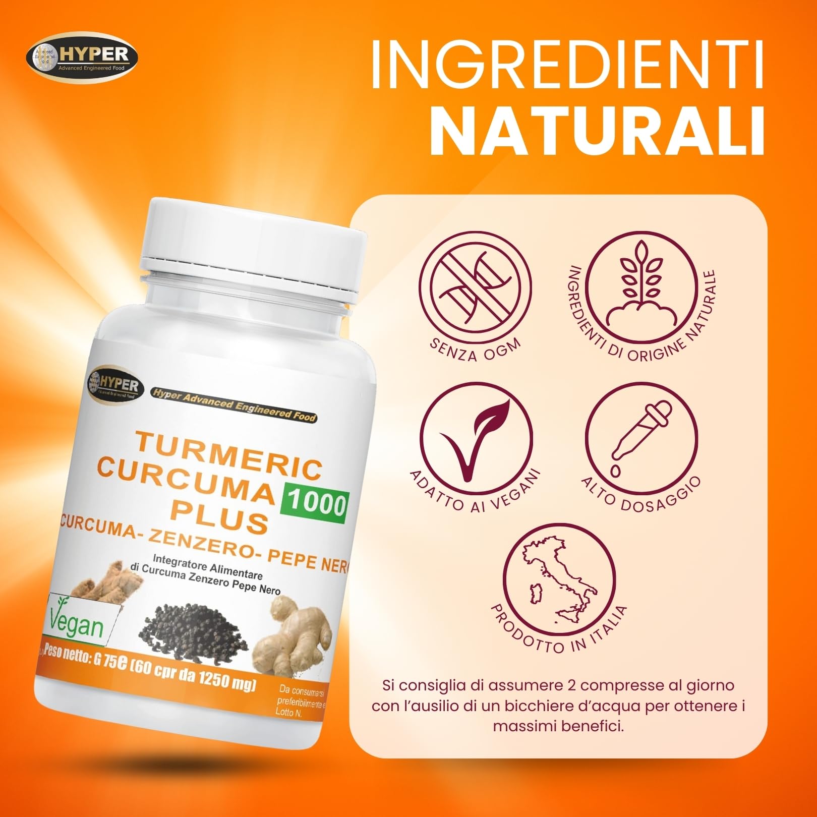 Hyper Turmeric Curcuma e Piperina Plus 1000mg - Formula con Curcumina, Piperina e Zenzero ad Alto Dosaggio - Antiossidante e Antinfiammatorio Naturale. 60 Compresse Made in Italy