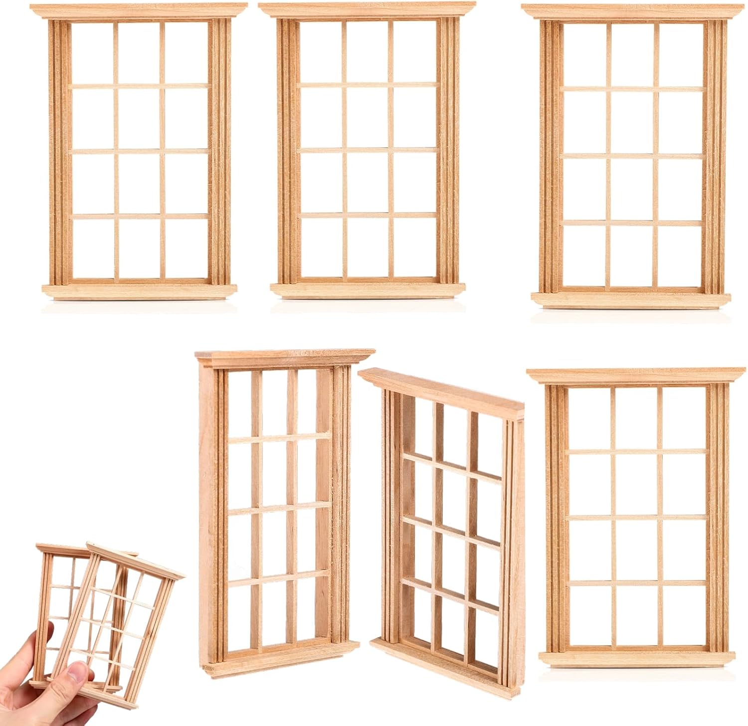 6Pcs Dollhouse Windows 1: 12 Scale Unfinished Miniature Wooden Windows Frame Mode, Mini Furniture Doll House Decoration (4.52X3.26X0.79inch)