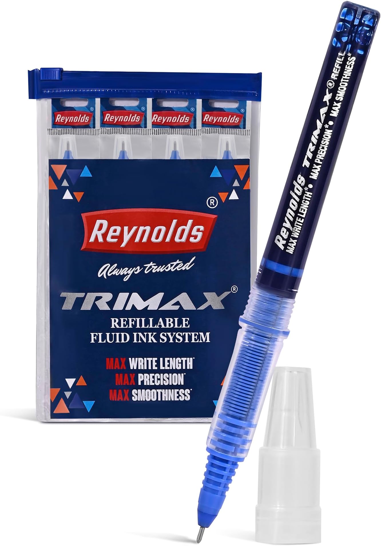 Reynolds TRIMAX Rollerball Pen Refills Set - 4 Refills Set|Roller Ball PENS for Writing | Pen for Students & Office Stationery | 0.5 mm TIP Size