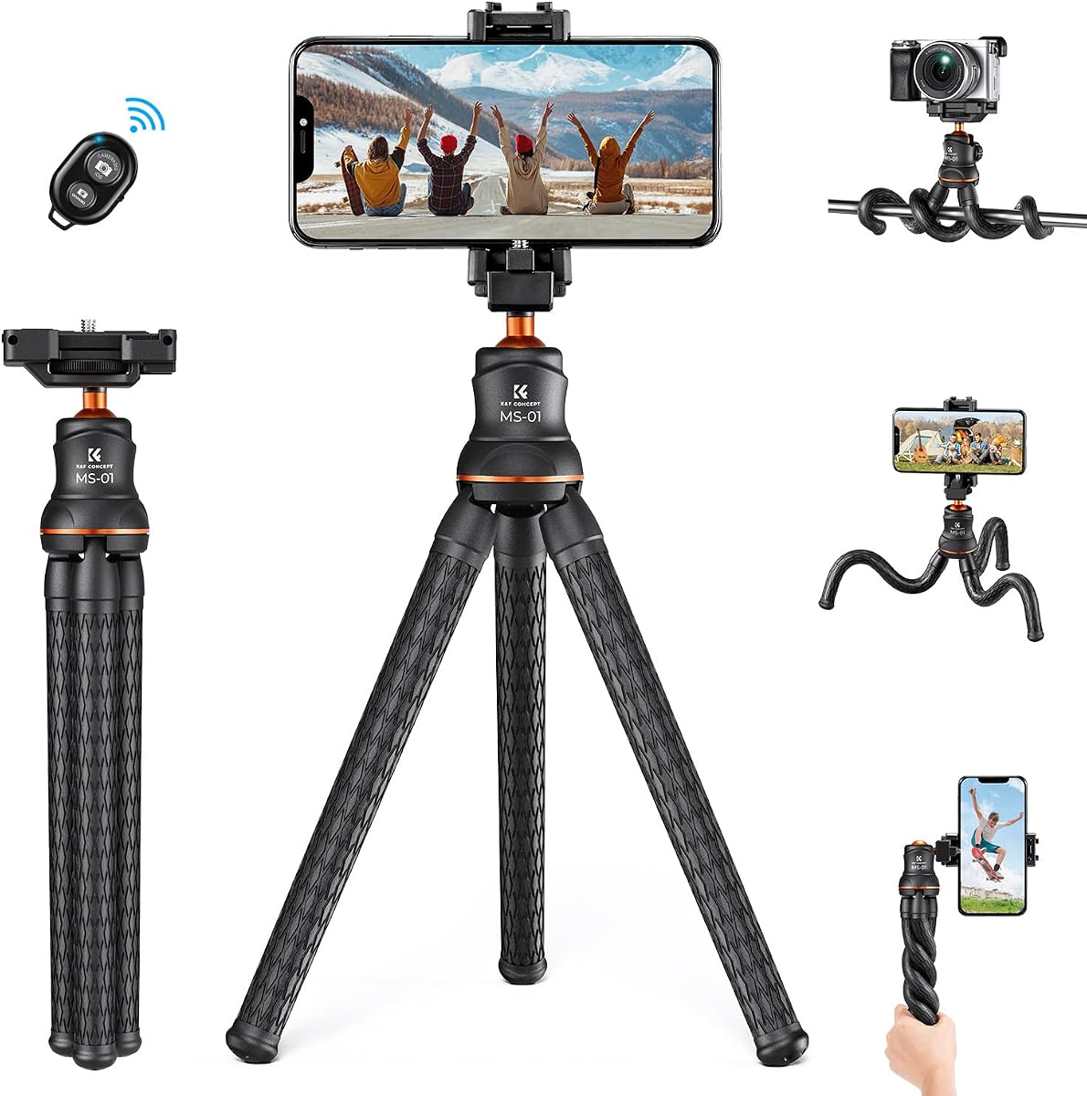 Flexible Mini Tripod Stand | 1/4'' Screw with Phone Holder & Cold Shoe, Bluetooth Remote, 6.6lbs Max Load, MS01