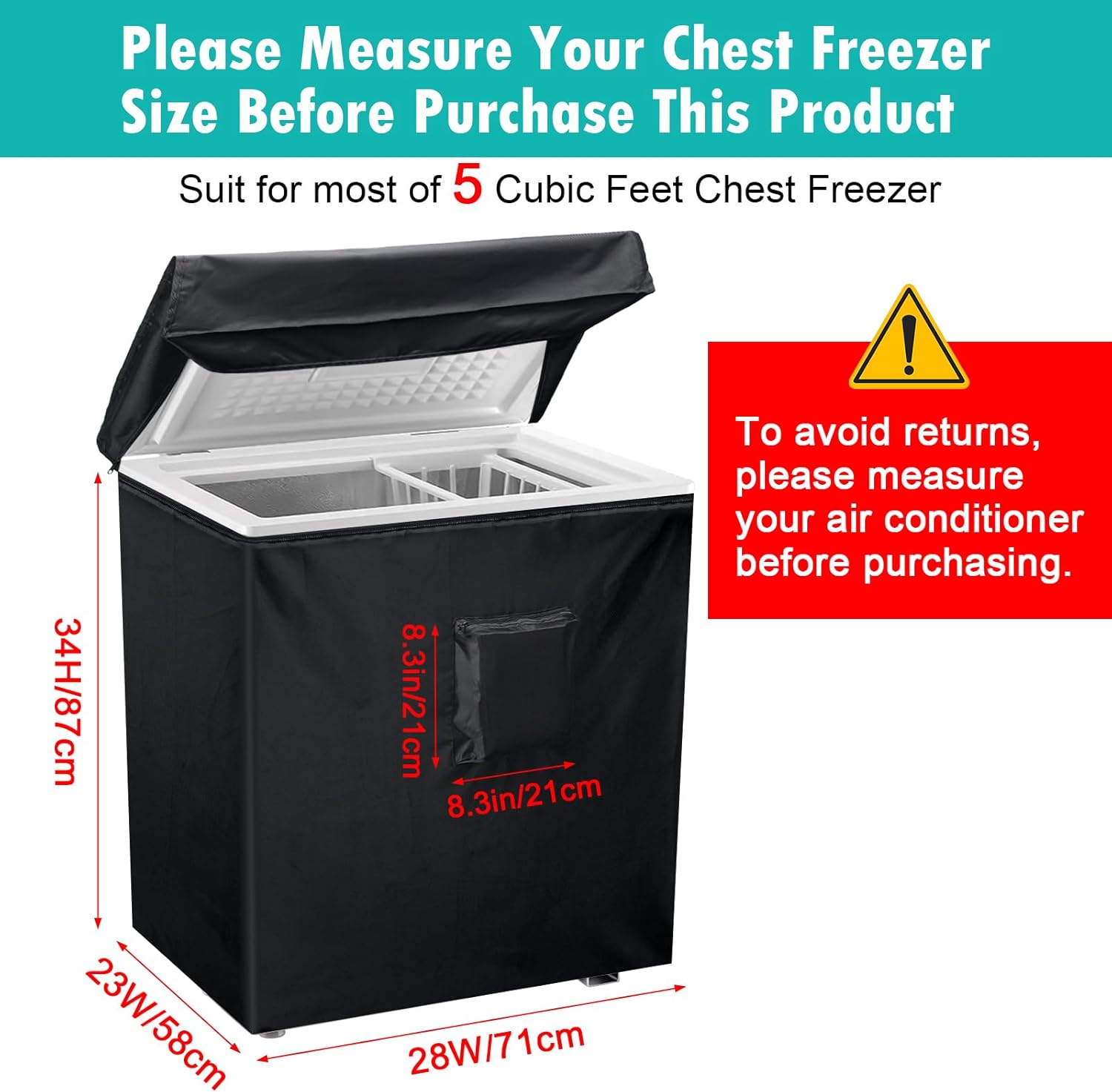Black Chest Freezer Cover, Luxiv Waterproof Freezer Covers Compact for 7 Cubic Feet Chest Freezer Cover for Open, Zipper Pocket, Strap