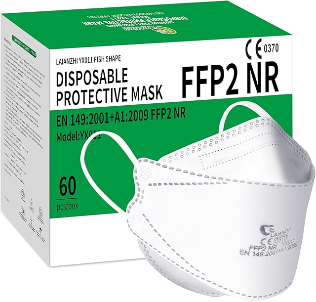 LAIANZHI 60 Pack FFP2 Mask, Disposable Face Mask, Individually Wrapped Respirator Mask for Women Men, 4 Layer Filters Airborne Particles94%