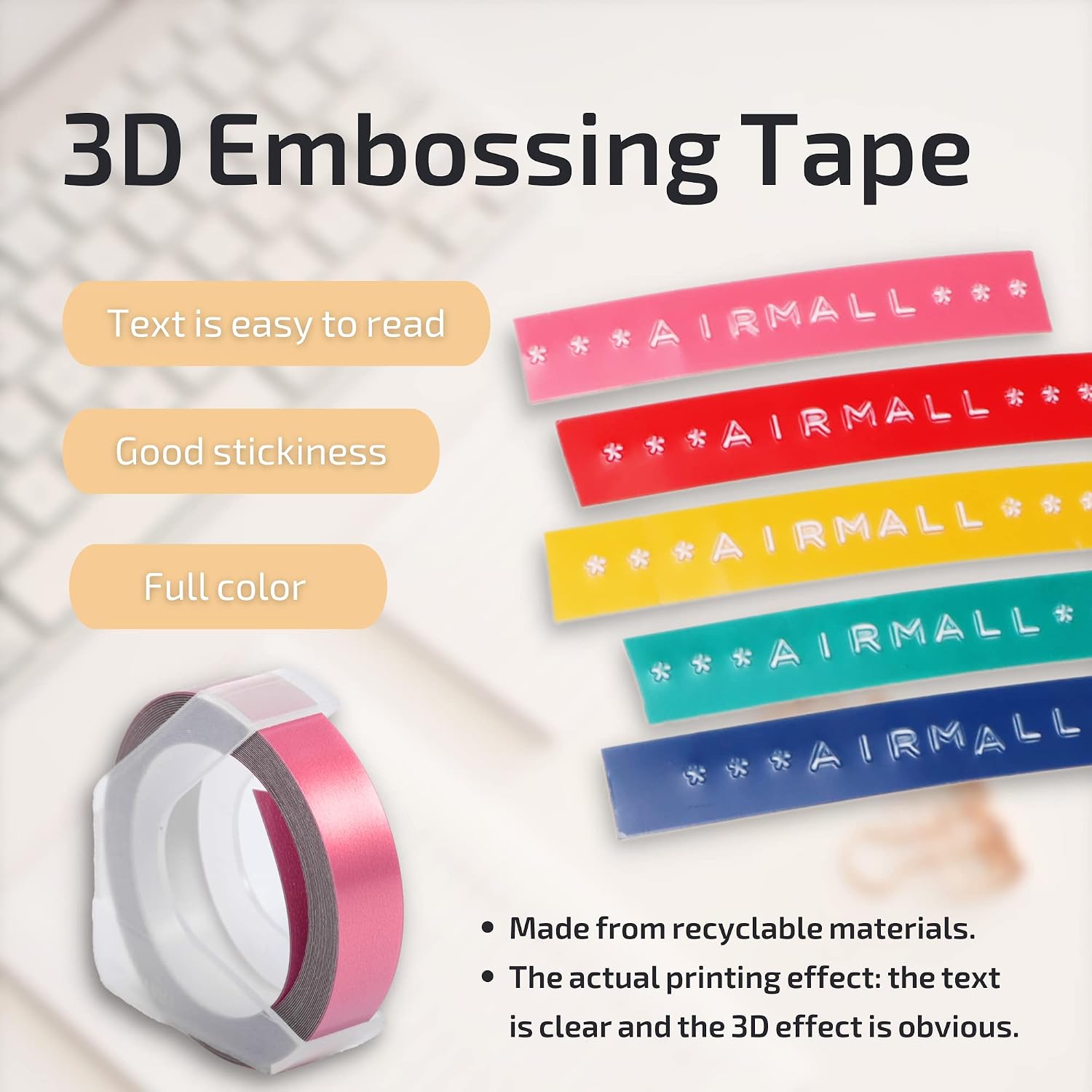 Compatible with Dymo Omega Label Tape Replacement 9mm Embossing Tape 3D Vinyl Labels 3D Labels Pink Yellow Red Lake Green Blue for Dymo Junior Omega Home Label Maker 5-Pack - Image 3