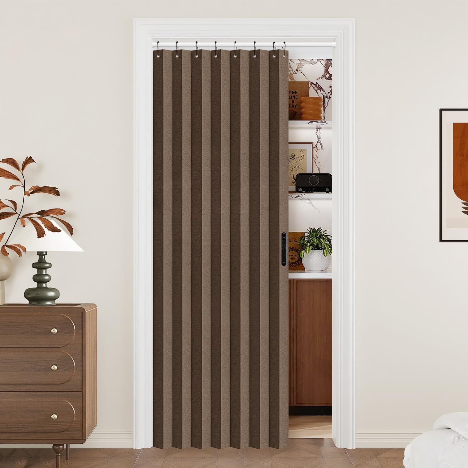 Vatge Pleated Curtain for Open or Folding Closets, Accordion Door Curtains, 1 Panel with Tiebacks, 99 x 198cm (WxH), Beige