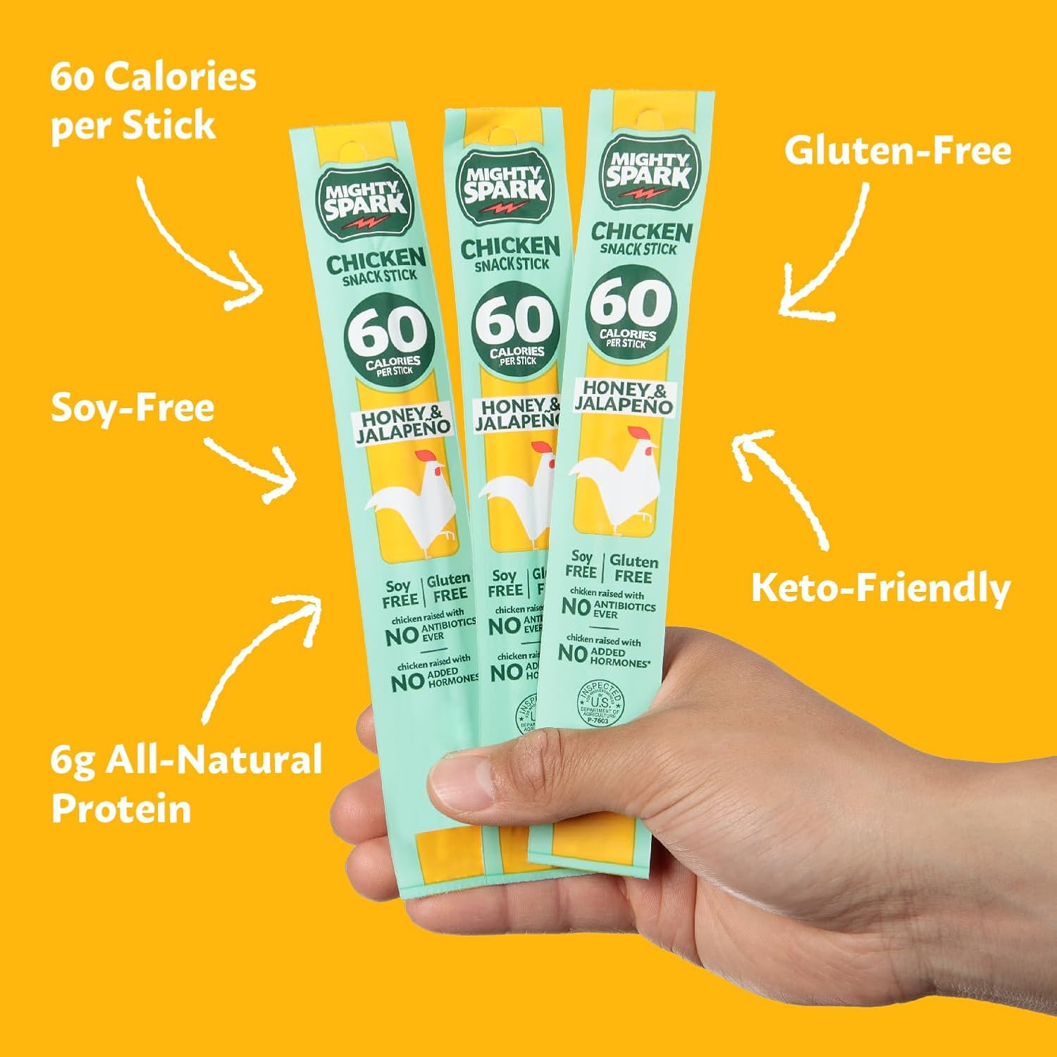 Mighty Spark Chicken Snack Sticks Variety Pack - Honey Jalapeño + Teriyaki - 6g of Protein, Gluten Free, Soy Free Jerky Sticks - High Protein Keto Snacks, Weight Watchers Approved Snacks - 24 ct