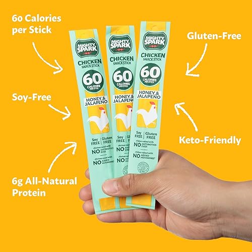 Miniatura 4 de Mighty Spark Palitos de pollo  Miel y jalapeño  0.21oz de proteína, sin antibióticos nunca, sin hormonas añadidas, sin gluten, sin soja, bocadillos