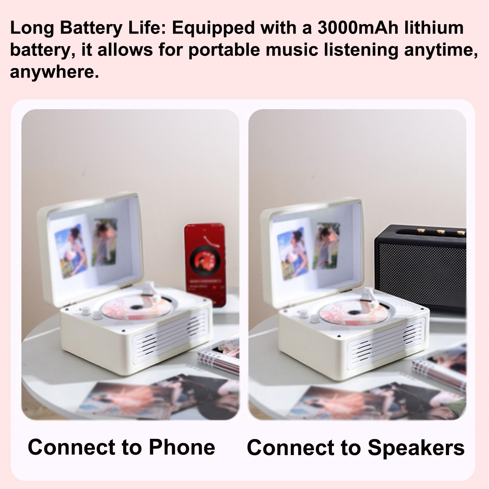 Lettore CD con pannello posteriore magnetico e luce ambientale, doppi altoparlanti integrati, controllo manopola, si collega a cuffie e tablet per la riproduzione di musica