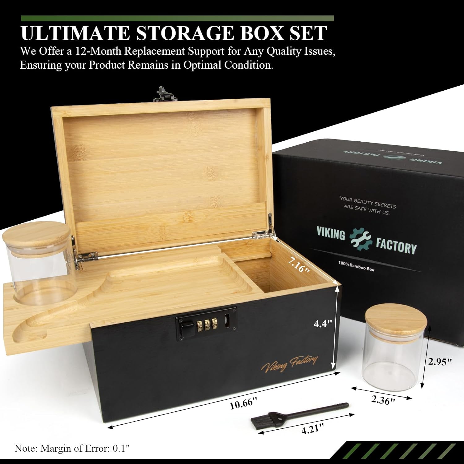 Large Bamboo Storage Box with Combination Lock - Decorative Keepsake Box with Removable Tray & Spice Crusher - Discreet Wood Organizer (10.6 x 7.1 x 5.5 in)(Black)