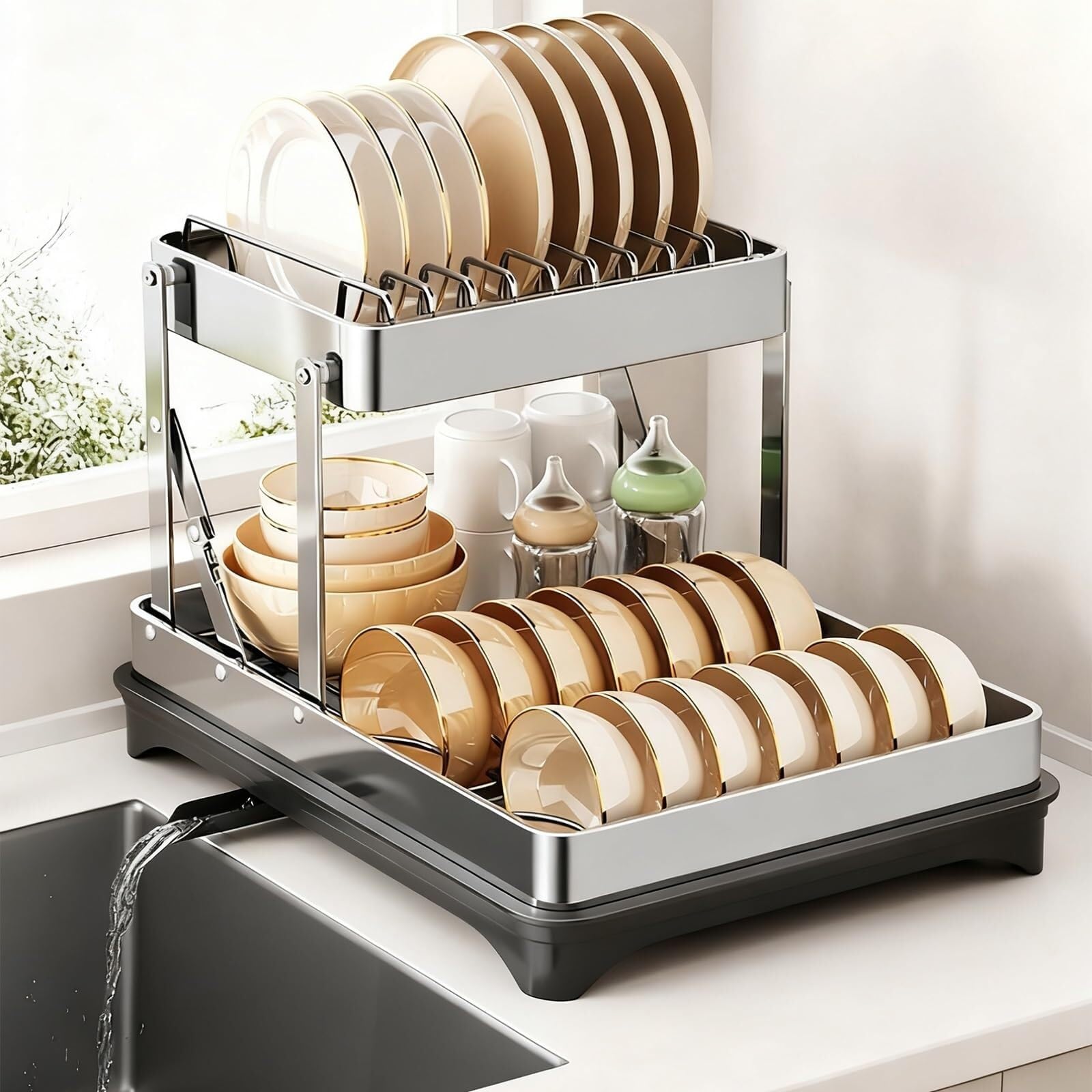 Lkvent dish drainer 2-Tier Dish Drying Rack Stainless Steel Dish Rack with Cutlery & Utensil Holders for Kitchen Counter drying(Silver,Rack)