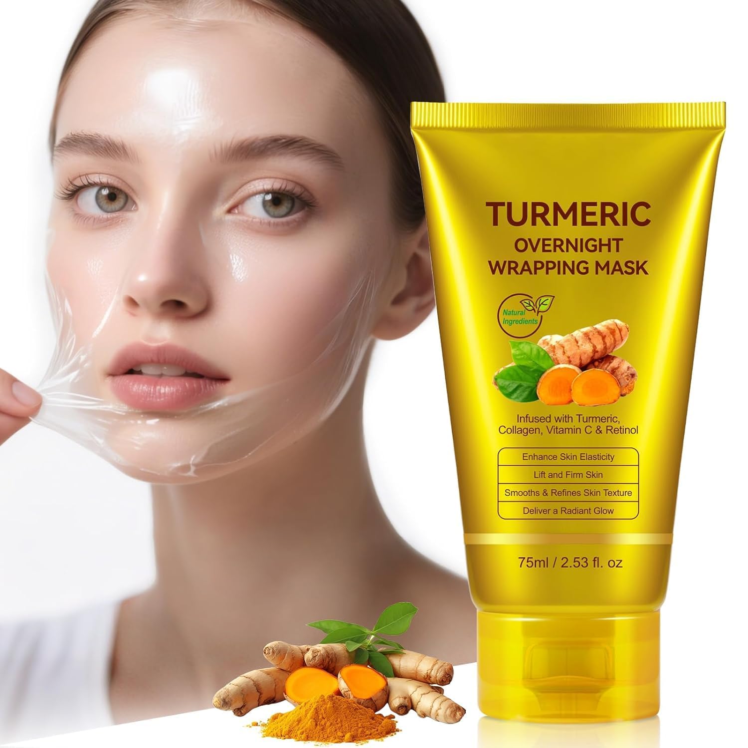Turmeric Overnight Wrapping Mask (75ml) – Peeling Collagen Face Mask for Glass Skin Glow – Infused with Retinol, Vitamin C...