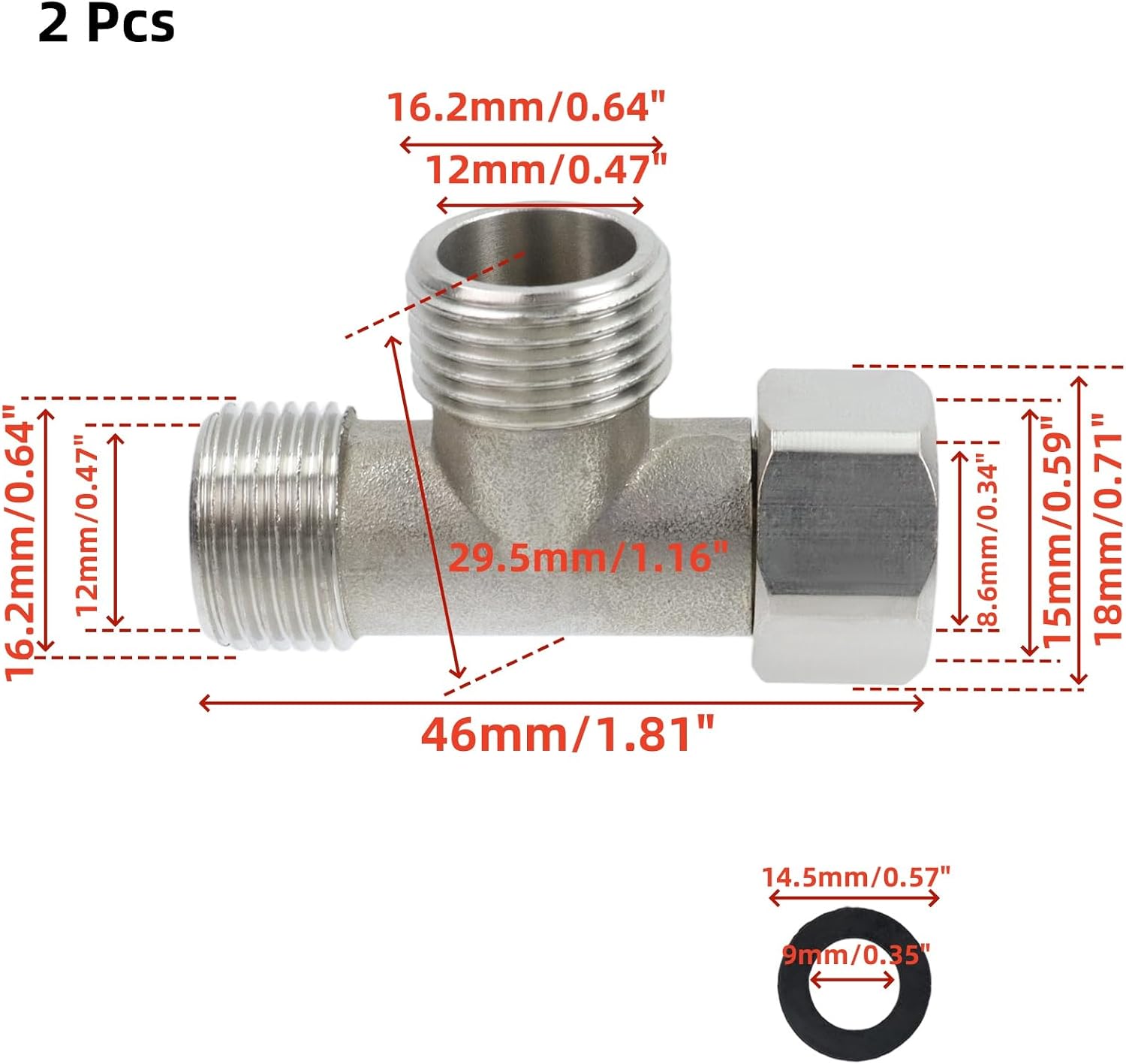 3 Way Brass Tee Pipe Fitting 2 Pcs, G3/8 Female to G3/8 Male Diverter, T-Type Connector Coupler for Gas Pipe Water Heater