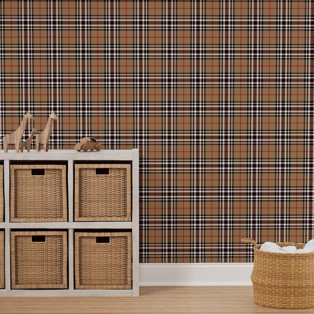 Peel & Stick Wallpaper 6ft x 2ft - Tartan Plaid Scottish Tan Brown Black White Custom Removable Wallpaper by Spoonflower