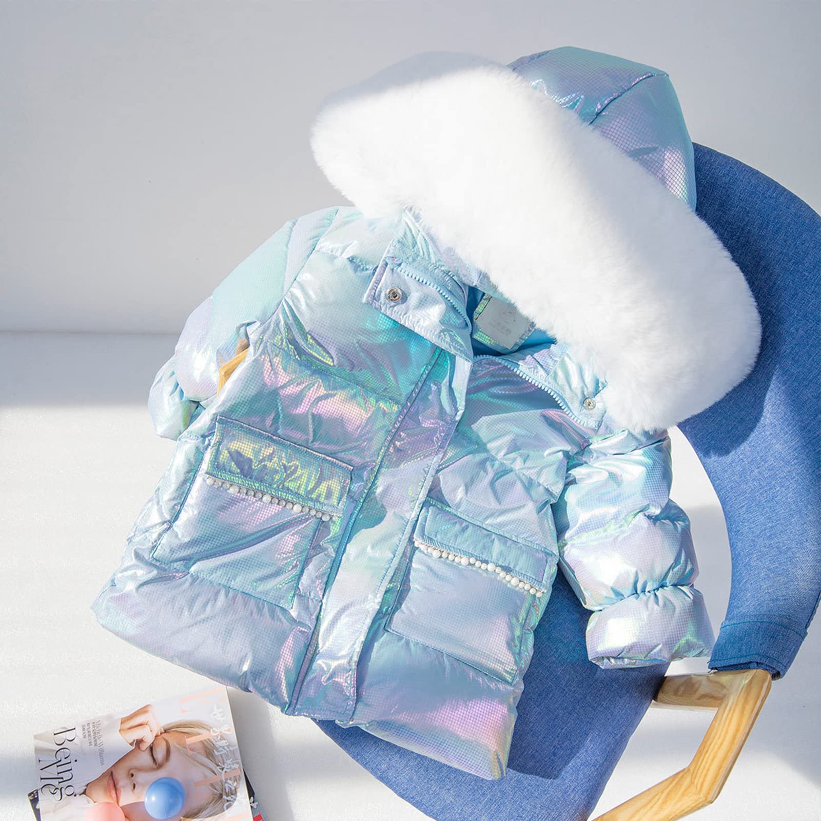 Piumino Invernale Dolce Ragazza di Media Lunghezza 90 Soffice Piumino D'Anatra Bianca Abbagliante Giacca Calda per Bambini Cappotto Colorato Cappuccio Luminoso,Blue,6T(120CM)