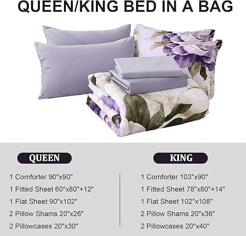 Miniatura 7 de Dobuyly Juego de edredón tamaño Queen de 7 piezas en una bolsa, tamaño Queen, estampado floral morado en morado claro con sábanas, juego completo de