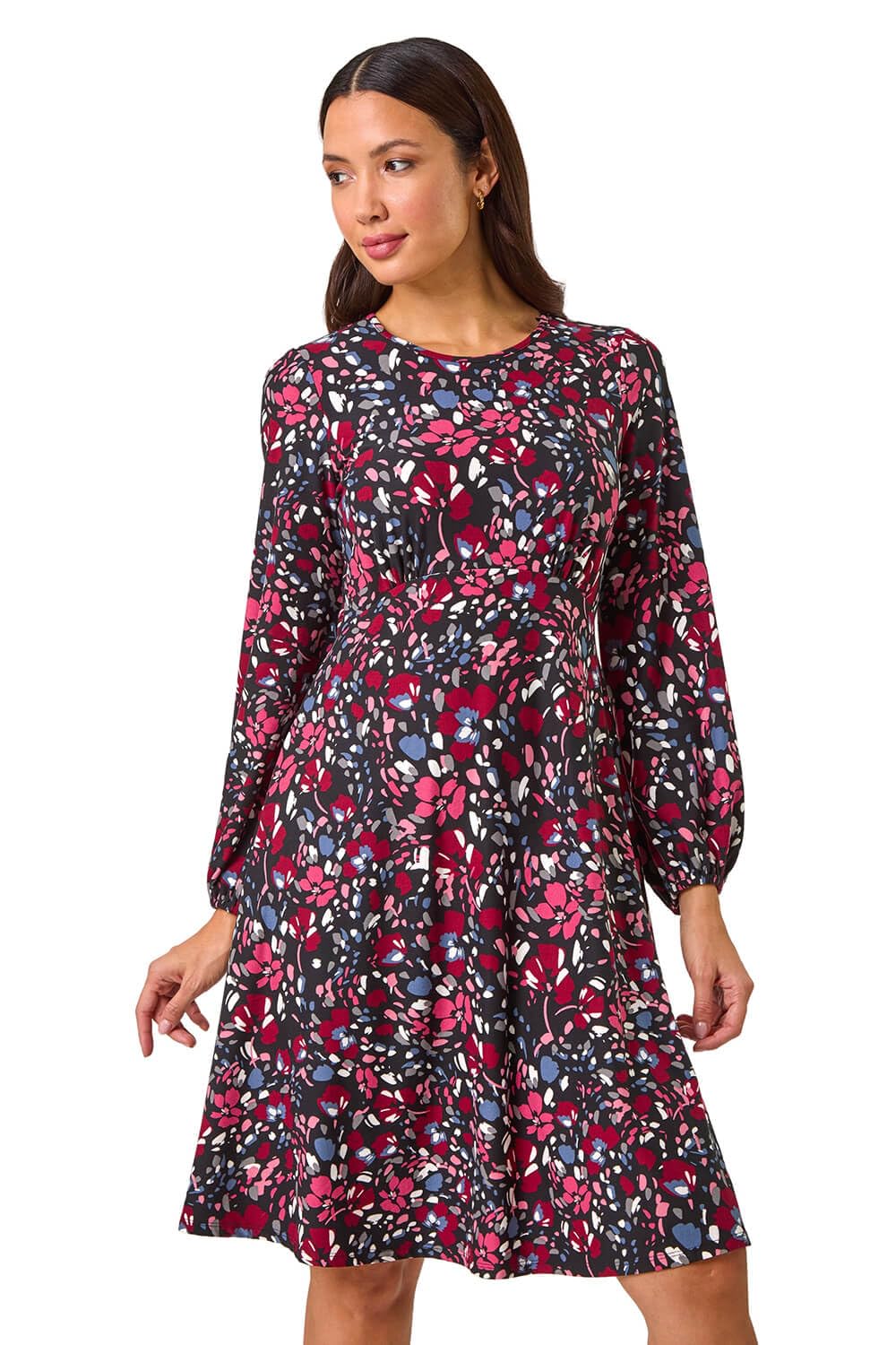 Roman Women Gathered Chest Dress Ladies Stretchy Fit & Flare Swing Tea A Line Skater Knee Length Long Sleeve Midi Smart Casual Work Going Out Cocktail Party - Pink Multi - Size 20
