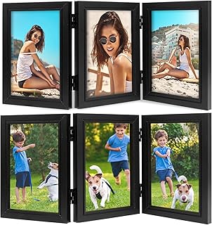 2 Pack 4x6 Three Picture Frames, Wooden Hinged 3 Photos Frame with 3 Opening, 180°Folding Desk Picture Collage Frames(Black)